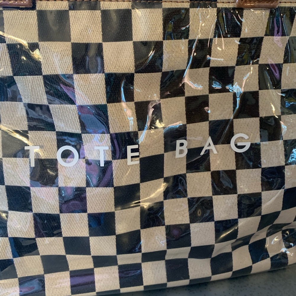 Checkerboard GLOSS tote bag, BLACK and TAN, waterproof PVC coating. - Picture 2 of 11